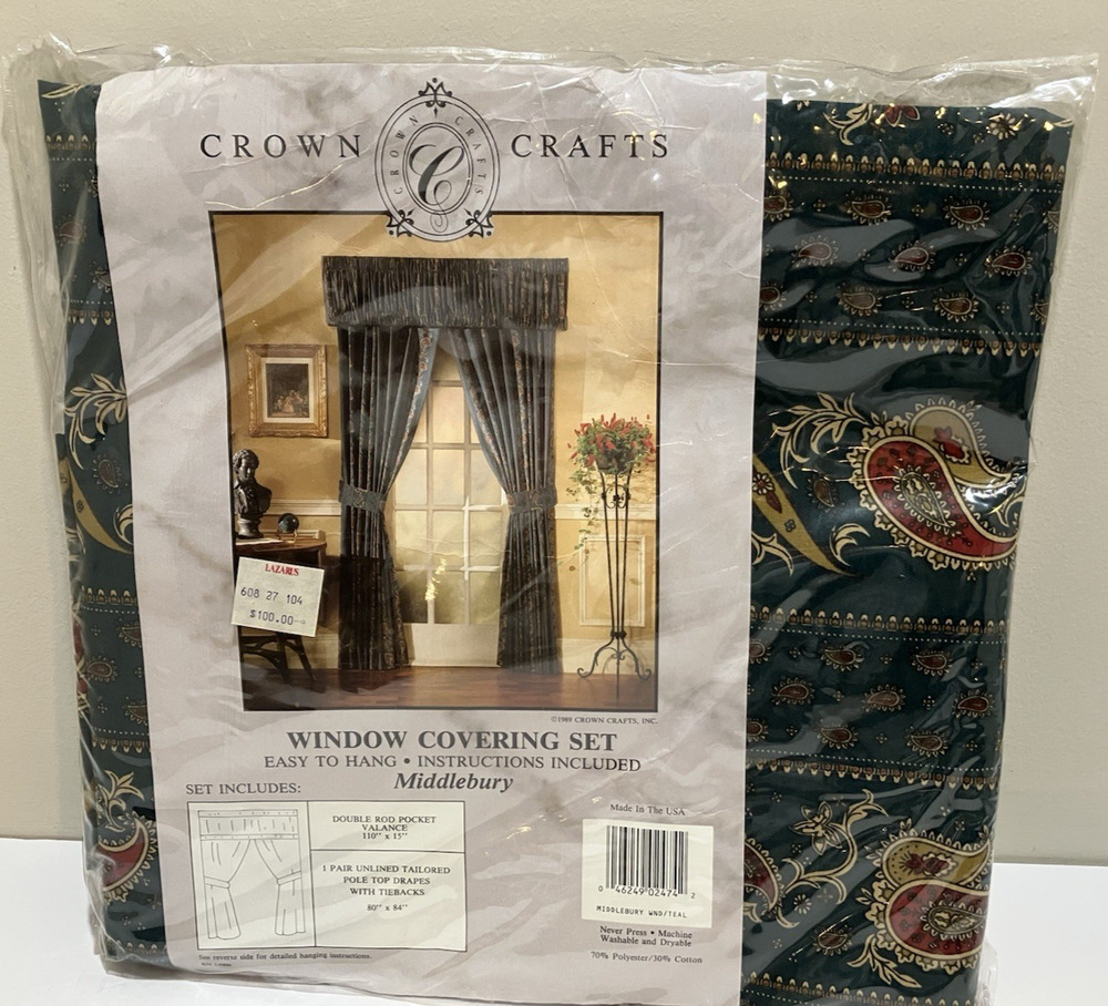 Valance Drapes Window Covering Set Green Paisley Crown Crafts Middlebury NEW